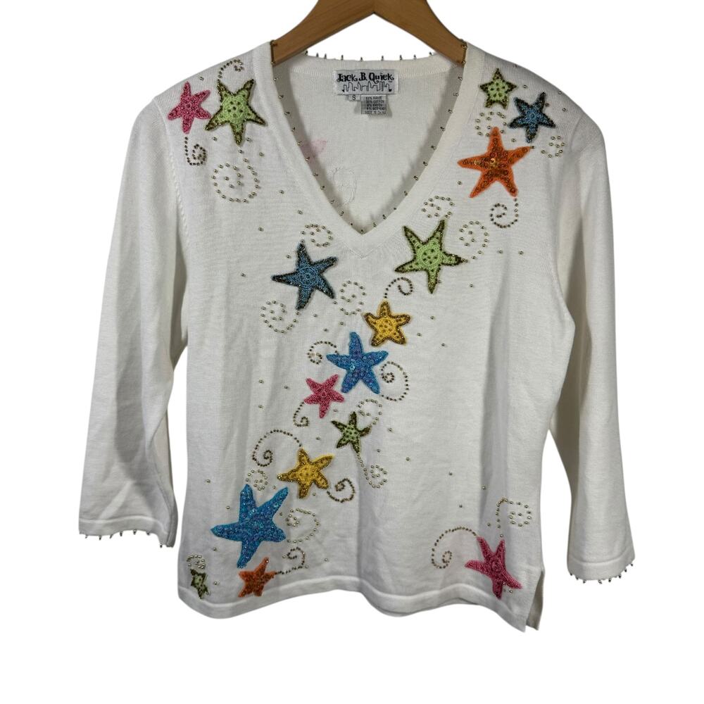 Jack B Quick Top Women S White Embroidered Starfish Beaded Detail Coastal Cotton